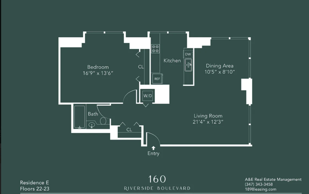 30E - 1 bedroom floorplan layout with 1 bathroom and 905 square feet (Floor 16)